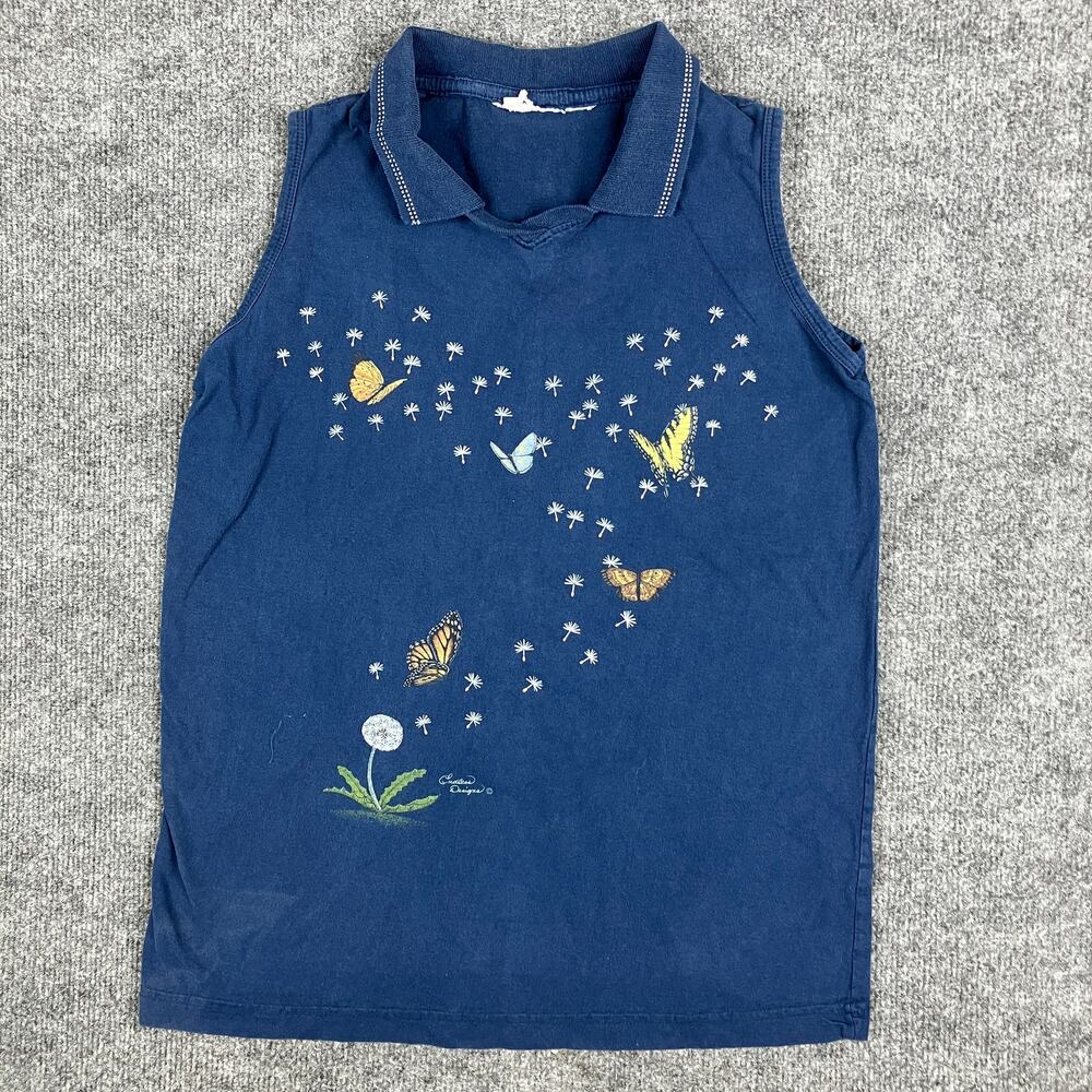 Sleeveless Polo Shirt Womens Size M Navy Blue Butterfly Dandelion Graphic Top